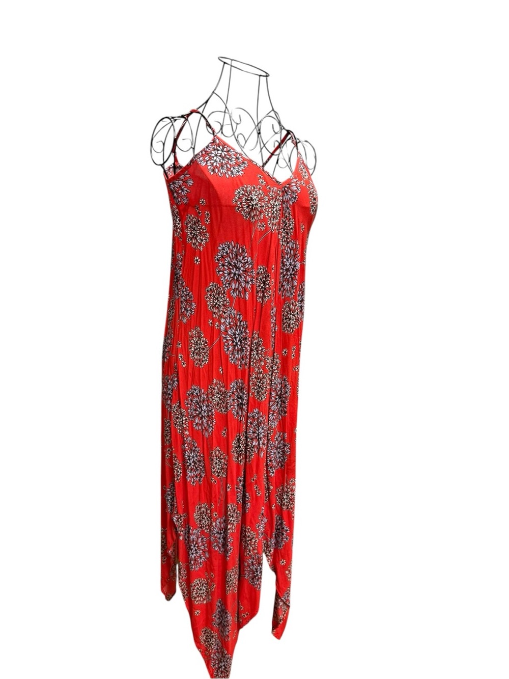 ECI Red Floral Asymmetrical Dress White Blossom Print Small